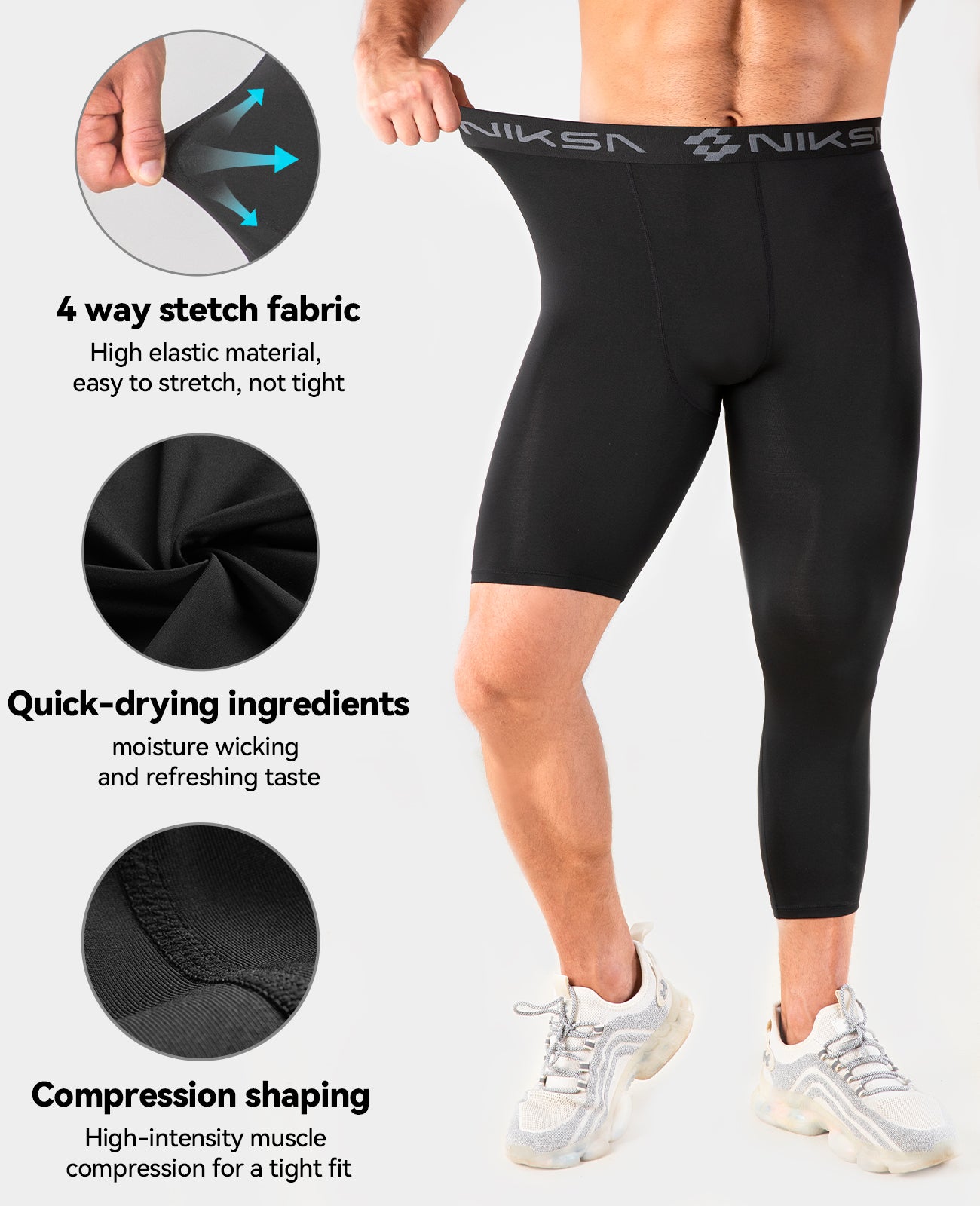 Niksa  Men's Compression Pants, 3/4 One Leg Compression Tights （MK08）