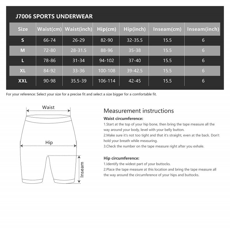 Size chart for sports underwear