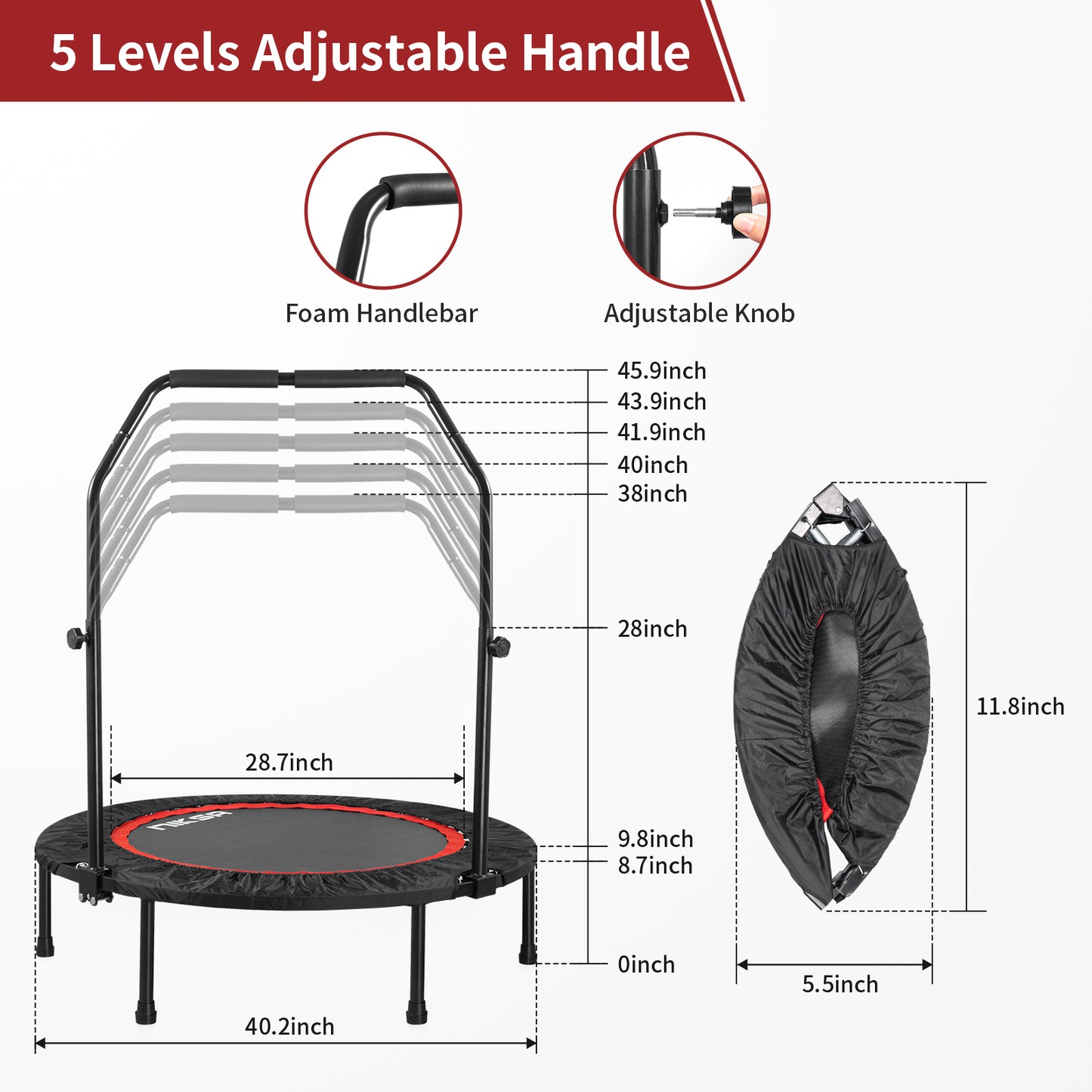 niksa trampoline with 5 levels adjustable handle